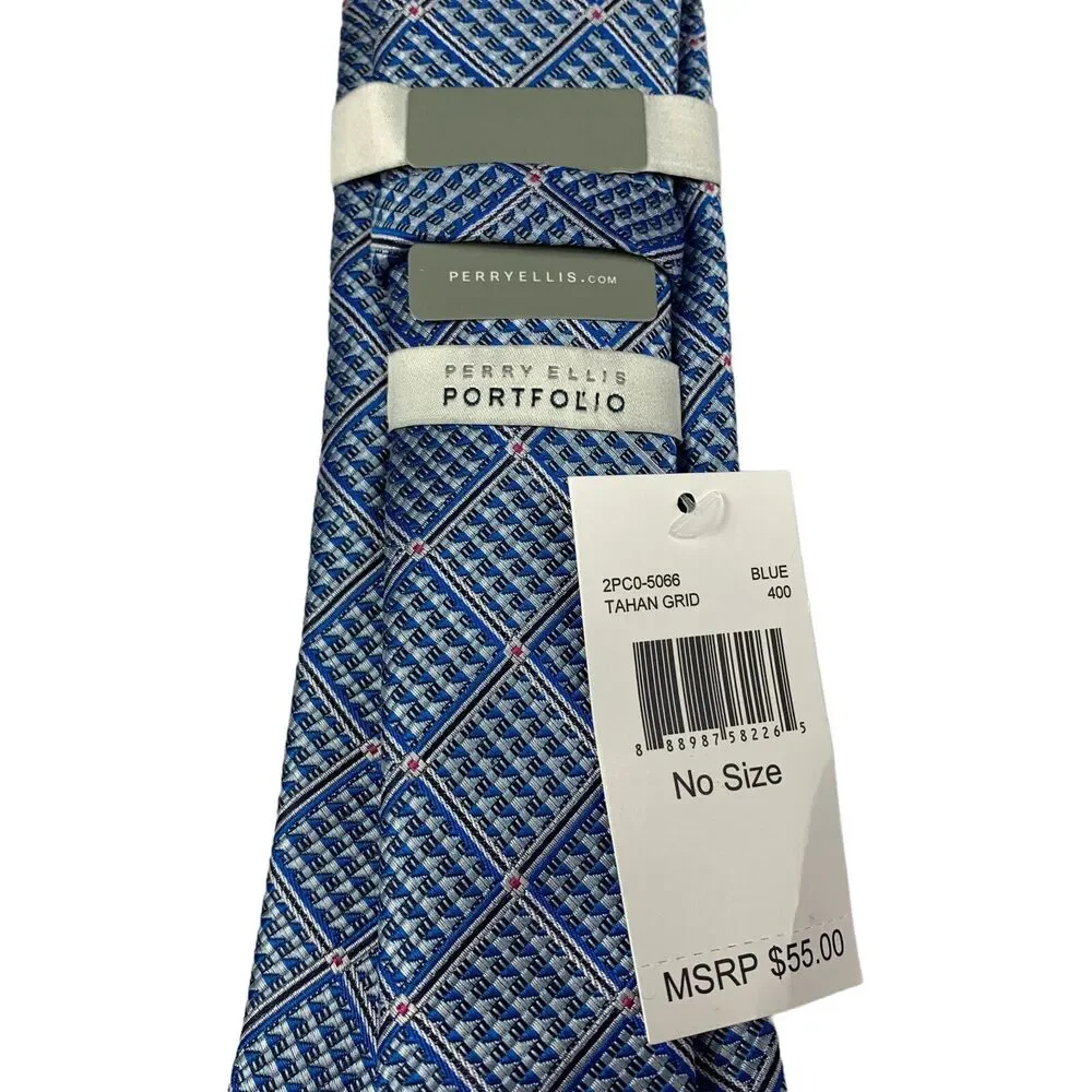 Perry Ellis Mens Tahan Grid Classic Polyester Neck Tie Blue 3 1/8